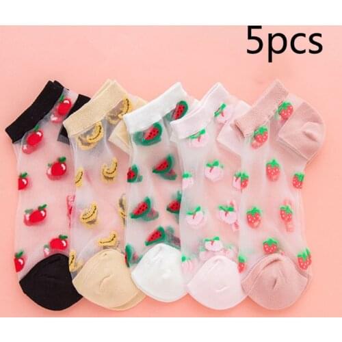 5 Pairs Women Transparent Crystal Fiber Cute Fruit Jacquard Invisible Boat Socks F3MD
