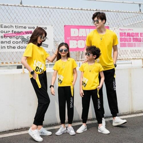 Fashion Summer New Family outfits Letter clothing mother Girl father Boy Yellow cotton T shirts & trousers 2pcs/sets Sports look