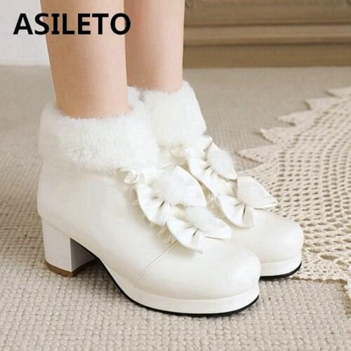 ASILETO Autumn Winter Fur Ankle Short Boots Round toe Chunky Heels Zip Flower Lolita Ladylike Small Big Size 30-43 Pink S2471