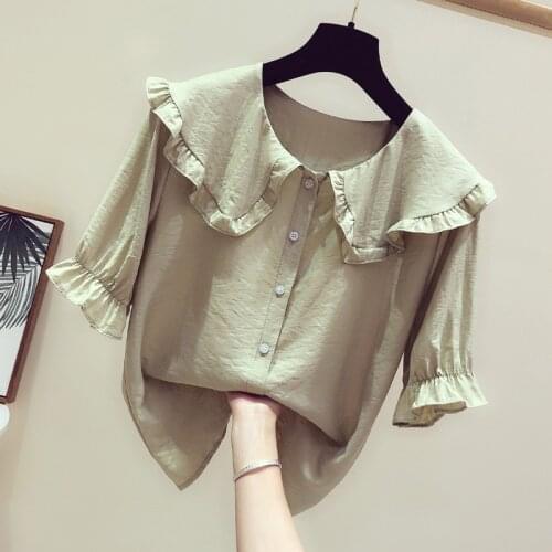 Summer New Womens Shirt Girl Student Korean Short Sleeve Round Collar Pure Color Blouse Female Sweet Preppy Style Tops H9098