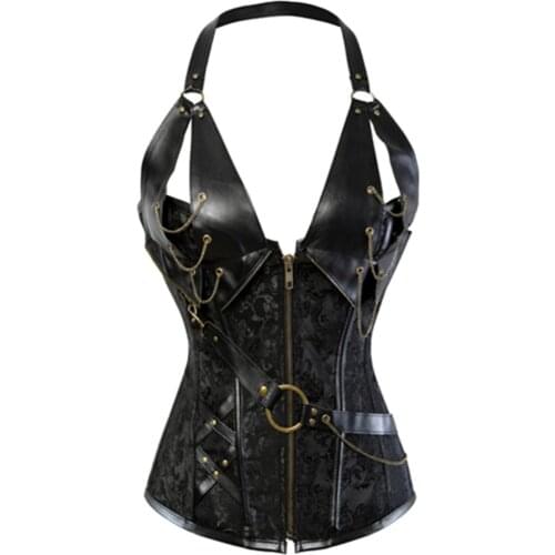 Sexy Steampunk Leather Halter Corset Gothic Women Bustiers And Corsets Black Wetlook Front Zipper Slimming Shapewear