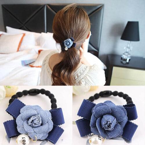 Denim Blue Flower Bowknot Elastic Hair Bands Ponytail Holders Headwear Hair Accessories for Women