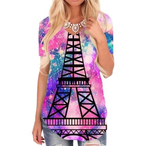 Giyu Brand Colorful T-shirt women Tower Of Paris Tshirts Printed Graffiti T-shirts 3d Pigment V-neck Tshirt Womens Clothing