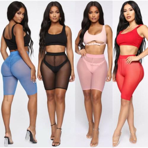 Women See-through Fishnet Mesh Shorts Sexy High Waist Solid Color Bathing Trousers Ladies Bottom 4 Colors