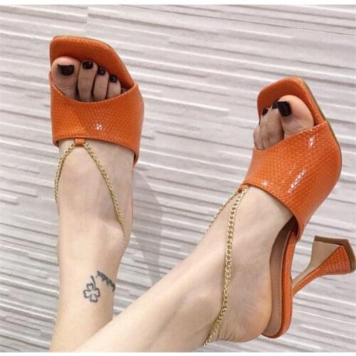 Women Sandals Heels Shoes Woman High Heels Summer Sandals Women Snake Print Shoes Slippers Metal Chain Slip On Sexy Party Shoes
