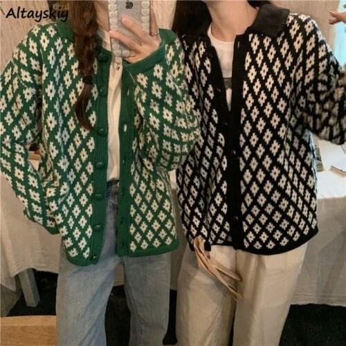 Cardigan Women Plaid Preppy Ulzzang Oversize Button Harajuku Mujer Holiday Loose Turn-down Collar Simple Cozy Spring New Chic