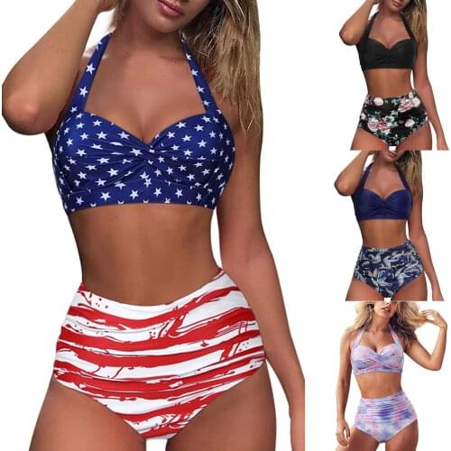 Womens swimsuit Sexy Vintage Womens bathing suits Two Piece Retro Halter Ruched bikini Female Beachwear womens swimwear 2021