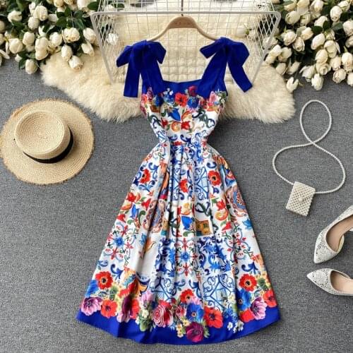 Amolapha Women Sleeveless Bohemia Style Beach Vintage High Waist Lace-Up Printed Dress