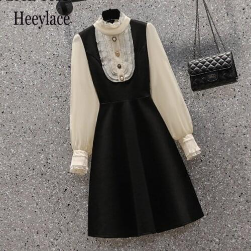 Plus Size Autumn 4XL Dress Women French Vintage Ruffles Patchwork Chiffon Lantern Sleeve Button Deco Office Ladies Dresses