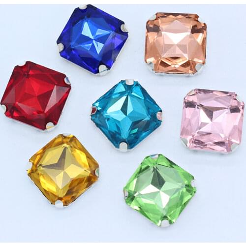 18mm 23mm square color crystal glass fancy stone flatback sew on rhinestones jewels silver setting button for wedding Dress,Shoe