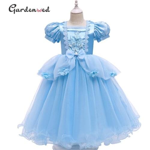 2020 Lace Flowers Girl Princess Dress Cap Sleeve Crystal Dress Sky Blue Kids Party Dress Little Bride Flower Girl Dresses