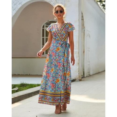 2021 Women Dresses Autumn&Spring Woman Floral Printing Long Dresses V-Neck Short Sleeve Ruffle Female Leisure Dresses
