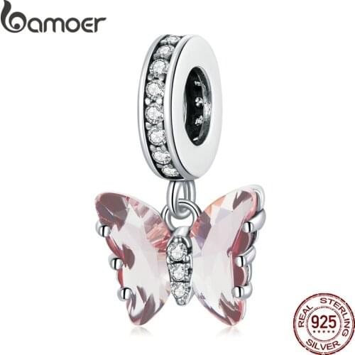 Bamoer Authentic Butterfly Dream Pink Zircon 925 Sterling Silver Charm Pendant for Women Bracelet Bangle Necklace Jewelry BSC423