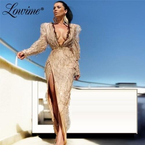Champagne Sequin Deep V Neck Prom Dresses 2020 Sexy Dresses Woman Party Night African Plus High Side Split Evening Gown Vestidos