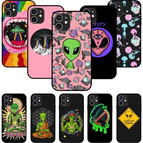 For iPhone 11 12 8 Plus Mini Pro X XR XS Max 4 5 7 6 6S 8 SE Phone Case Black Cover Coque Art Waterproof Silicone Cute Alien