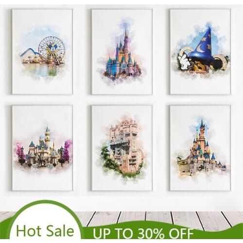 Watercolor Printable Kids Room Decor Disney Princess Dream Castle Canvas Poster Disneyland Painting On Wall Art Home Decoration