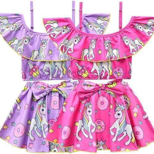 Childrens Cute Unicorn Swimsuit for Infant Girls 2Pcs Clothes Suspender Tops Bow Short Skirt Girls 2021 Summer Swimwear 3-10Y