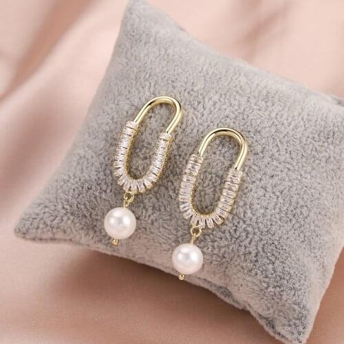 Dorado New Trendy Gold Color Metal Ellipse Temperament Zircon Oversize Simulated Pearl Pendant Earrings For Women Brithday Gift