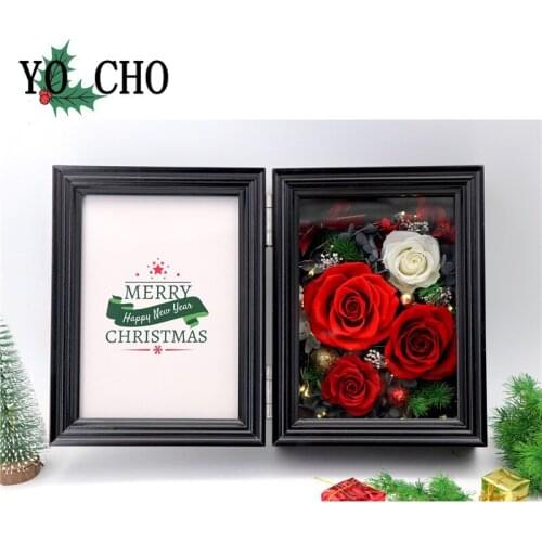 YO CHO Eternal Rose Photo Frame Christmas Present Walnut Color Wood Girlfriend Valentines Day Birthday Gift Preserved Rose Frame