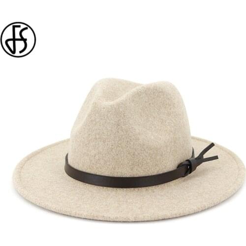FS Men Fedora Hats Beige White Wool Felt Hat Women Wide Brim Black Jazz Caps For Winter Top Fedoras Ladies Cap