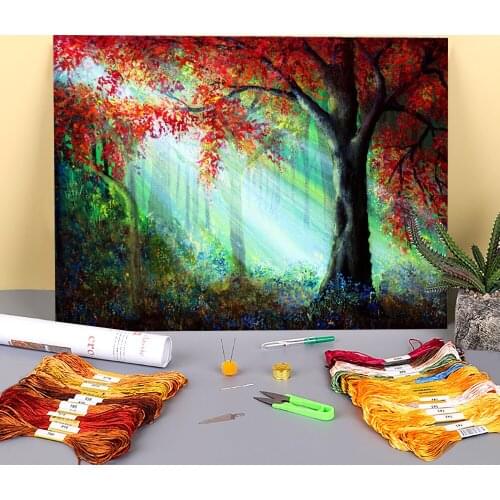 Natural Scenery Autumn Rays Printed Canvas 11CT Cross Stitch DIY Embroidery Full Kit DMC Threads Knitting Stamped