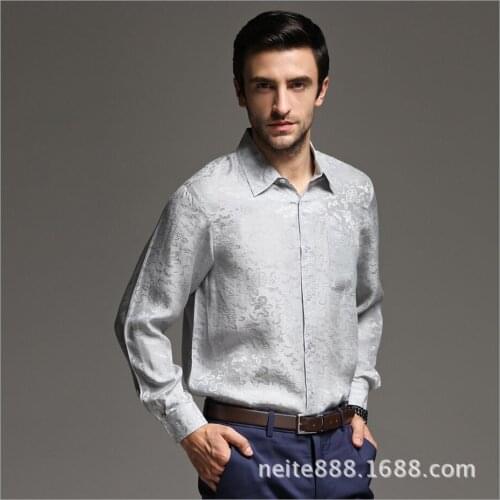 L-3xl Spring And Summer Mens Casual Long-sleeved Silk Heavy Silk Shirt Middle-aged Clothing Social Gentleman Shirts