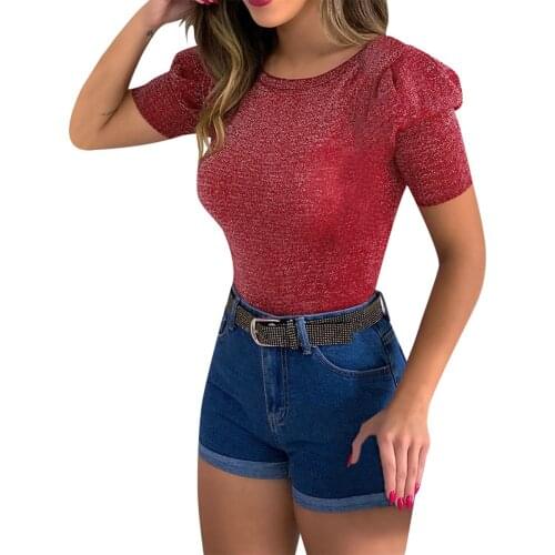 Summer Slim Sexy Top Solid Color Sequin Short Puff Sleeve Crop Wild Fashion Pullover Top Shirt For Women and Girls