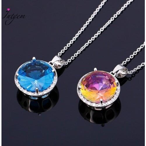 Fashion Hot Pendant Necklace Large Inlay Round 15MM Color Tourmaline Blue Zircon Pendant Necklace Party Gift Women Jewelry Gifts