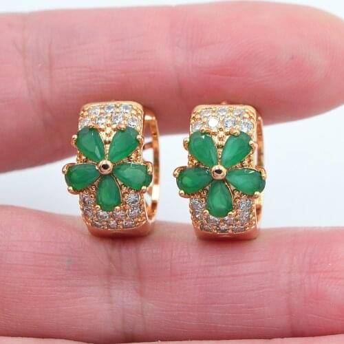 Gold Color Women Fashion Green Cubic Zirconia CZ Flower Huggie Hoop Wedding Earrings