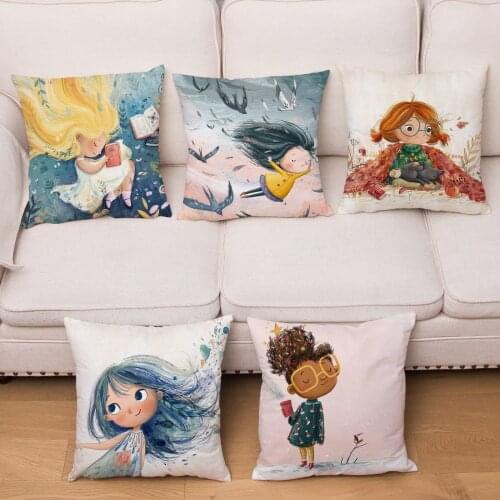Cartoon Cute Dream Little Girl Print Cushion Cover Super Soft Plush Kid Gift Throw Pillowcase Sofa Home Decor Pillows Cases
