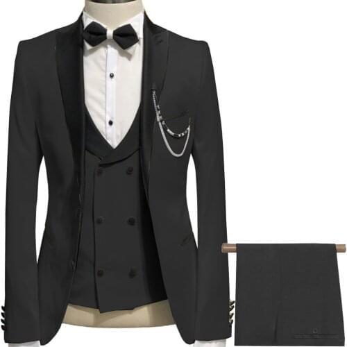 Custom Made Men Suits Black Groom Tuxedos Peak Lapel Groomsmen 3 Pieces Set ( Jacket+Pants+Vest+Bow Tie ) D339