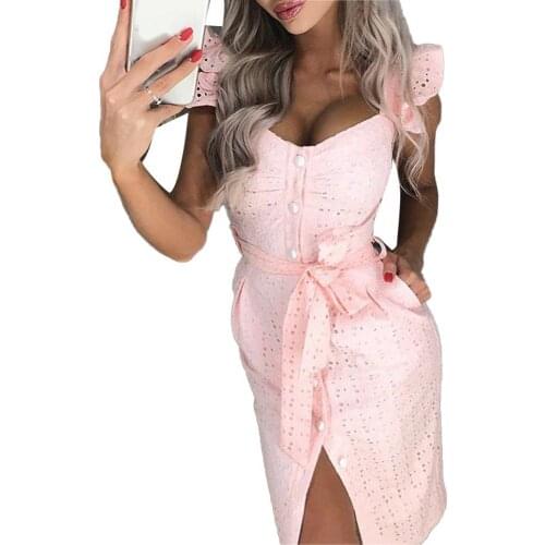 Women Sexy Sleeveless Ruffled Edges Embroidery Button Belt Bodycon Midi Dress Female Dresses Elegant Ladies Clothes vestidos Hot