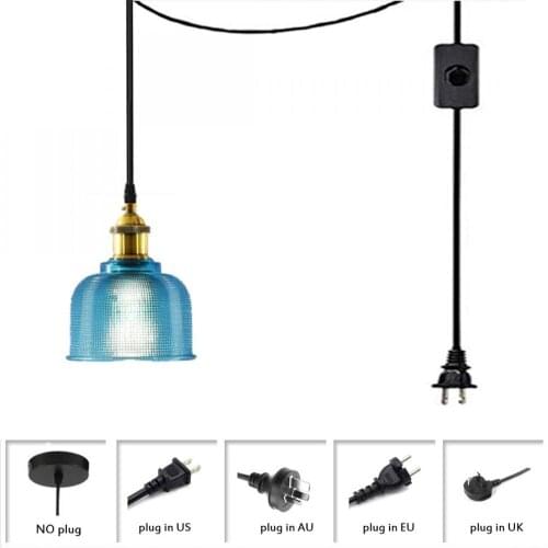 Plug In Pendant Light Kit, Metal Lamp Holder Blue Frosted Glass Lampshade Plug In Pendant Light with Hanging Cord and Switch