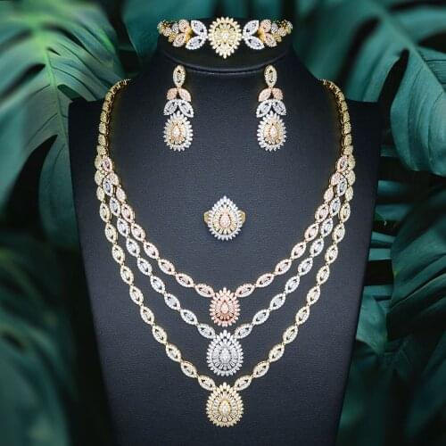 Luxury 4PCS Three Layers Nigerian Jewelry Sets For Women Wedding Cubic Zirconia Crystal CZ Indian African Bridal Jewelry Sets