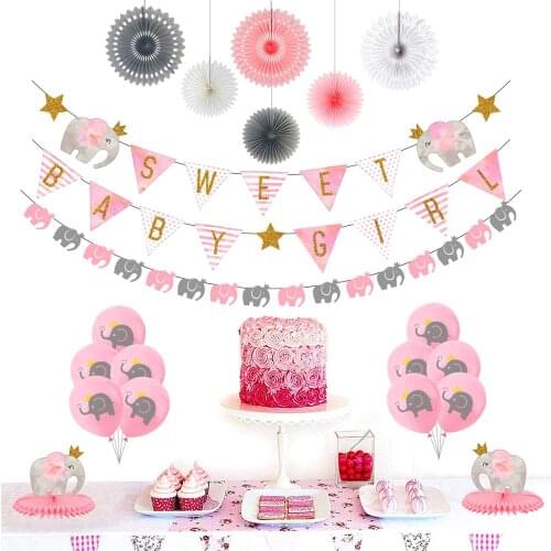 Pink elephant Baby Shower Decoration sweet baby girl Banner Party Garland Baby girl Balloon Paper fan 20pcs Party Supplies