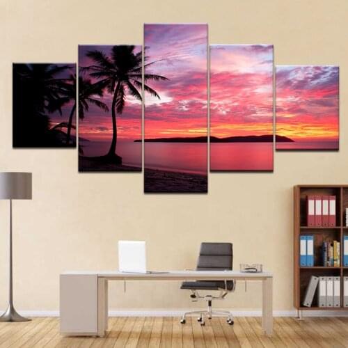 Modern Canvas Poster HD Printed Wall Art 5 Pieces Abstract Pictures Sunset Beach Coconut Trees Painting Home Decor Frame