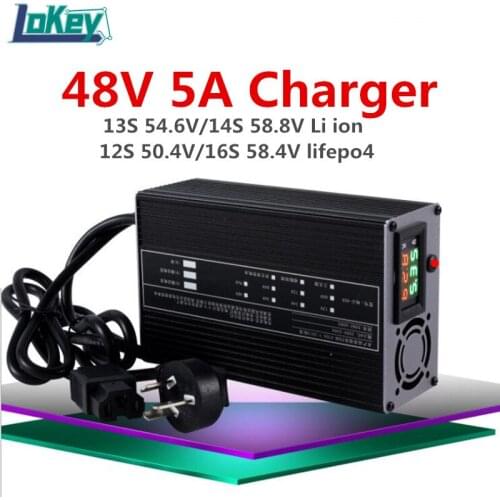 48V 5A Smart Charger 12S 50.4V 13S 54.6V 14S 58.8V Li ion 16S 58.4V Lifepo4 battery aluminum charger with LCD display screen