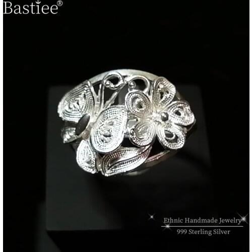 Vintage Butterfly Flower 999 Sterling Silver Rings For Women Engagement Ring Adjustable Luxury Jewelry Wedding Handmade Ethnic