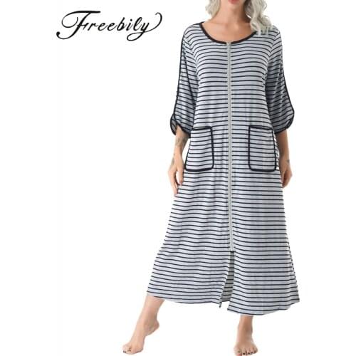 Plus Size Winter Nightgown Wome Stripe Long Sleelve Nightdress Fashion Home Dress Gown Loungewear House Coat