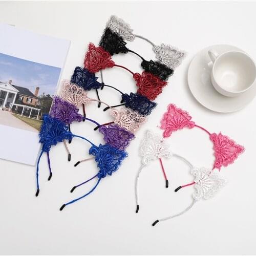 Women Hair elastic headbands Fashion Black Lace Cat Ears Headwear Wedding Photography Portrait Style Hair Hoop hair accessories