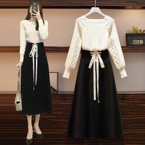 Women 2021 Early Spring New Two-piece Suits Female Fashion Slim Sweater Tops Ladies Solid Color Loose A-line Skirts Sets K128