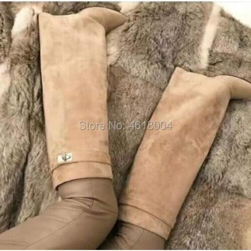 KALMALL Army Green Suede Leather Knee High Boots Women Pointed Toe Wedges Metal Shark Lock Motorcycle Booties More Colors Big 42