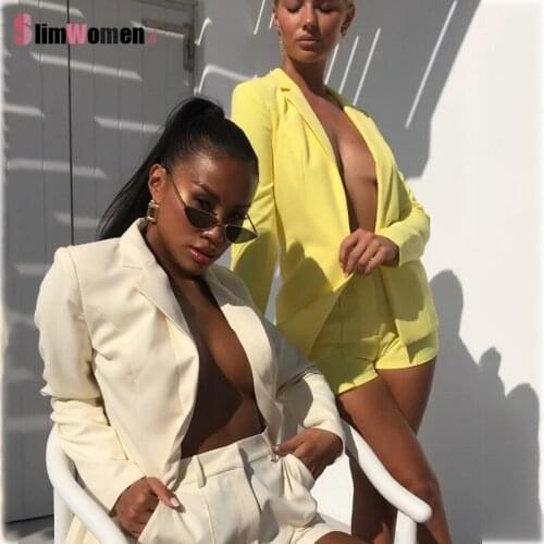 Autumn Long Sleeve Cardigan Blazer Jacket Hot Sale 2021 Women Blazer Shorts Set Shorts Solid 2 Piece Set Lady Casual Short Suits