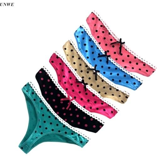 6 PCS Cotton Thong Pack Women Kawaii Girls Lace Wave Waist G-String Tangas Cute Dots Underwear Sexy Modis Underpants