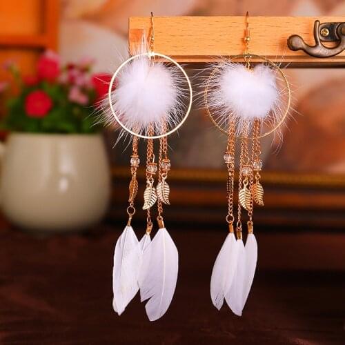 Boho Red Feather Long Earrings For Women Summer Gypsy Jhumka Jhumki Chain Leaf Tassel Indian Earrings Handmade Oorbellen