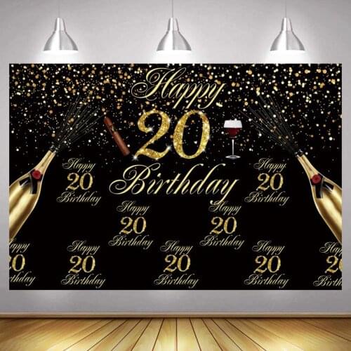 20th Photo Backdrop Boys Black Gold Happy Birthday Party Custom Girls Champagne Decoration Photography Backgrounds Banner
