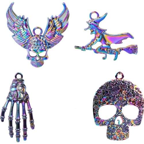 Hip Hop Retro Gothic Devil Skeleton Charm Death Sickle Skull Witch Broom Pendant For Halloween Gift Necklaces Bracelet Jewelry