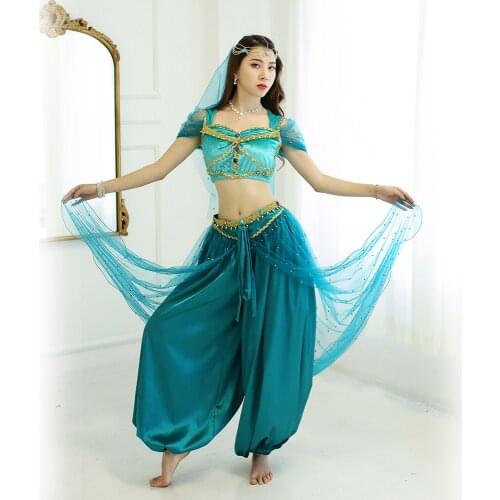 Bollywood Belly Dance Jasmine Costume Aladdin Halloween Outfit Jasmine Princess Costumes Teal For Women/Girls Veil Top Pants
