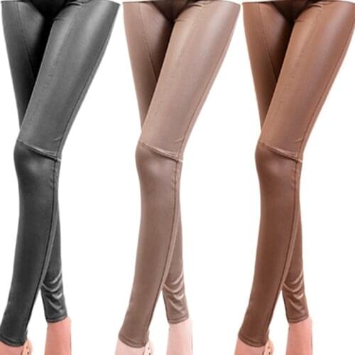 Fashion Spring/Autumn Leggings Women High Waist Leggings Stretchy PU Leather Trousers Slim Pencil Pants Slim Pencil Pants Splice