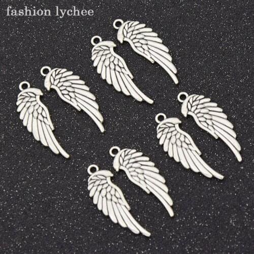 Fashion lychee 8pcs Retro Design Silver Color Angel Wings Shaped Charms Pendants For Necklace DIY Jewelry Making Accessories